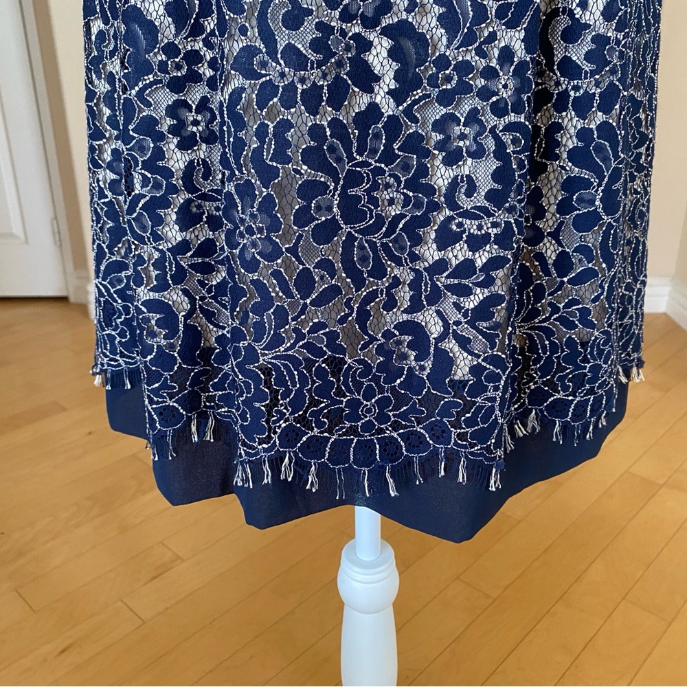Eliza J Blue and Cream Lace A-line Mini Dress with 3/4 Sleeves - Picture 7 of 10
